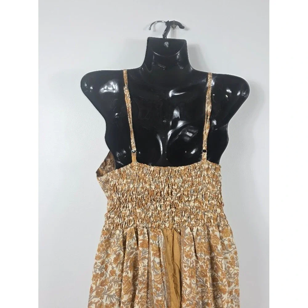 Silk Halter Maxi Dress Womens OS Brown Gray Floral Boho Ruffle Summer Sundress